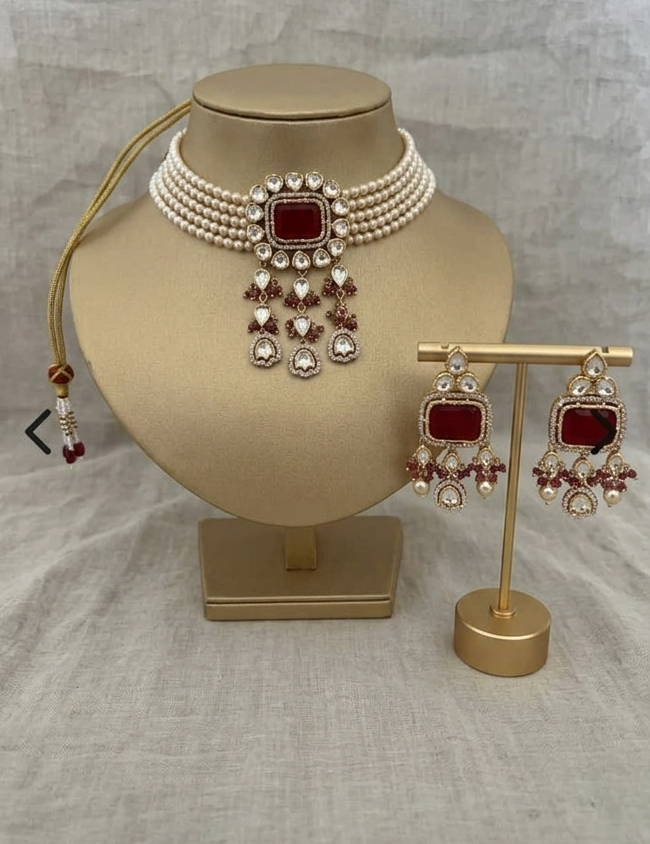 Ruby Pearl Choker Necklace Set