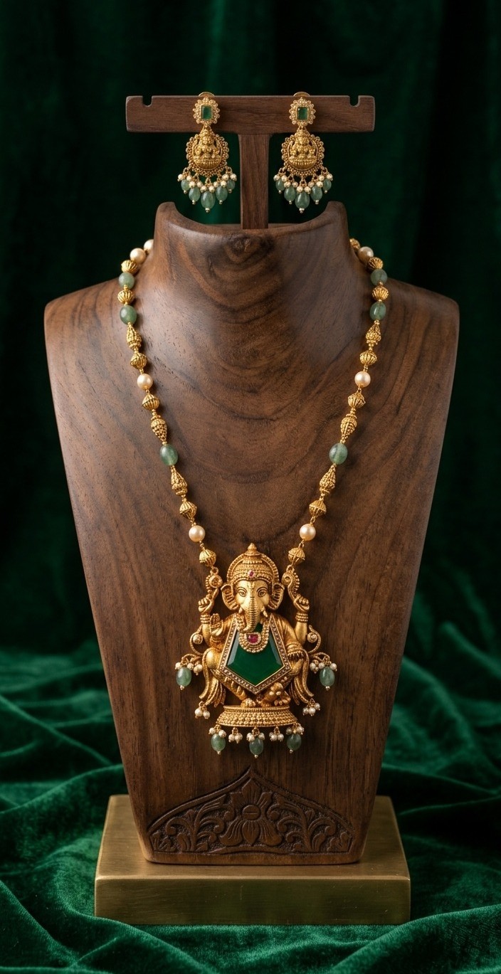 Divine Ganesha Temple Antique Gold & Green Gemstone Necklace Set