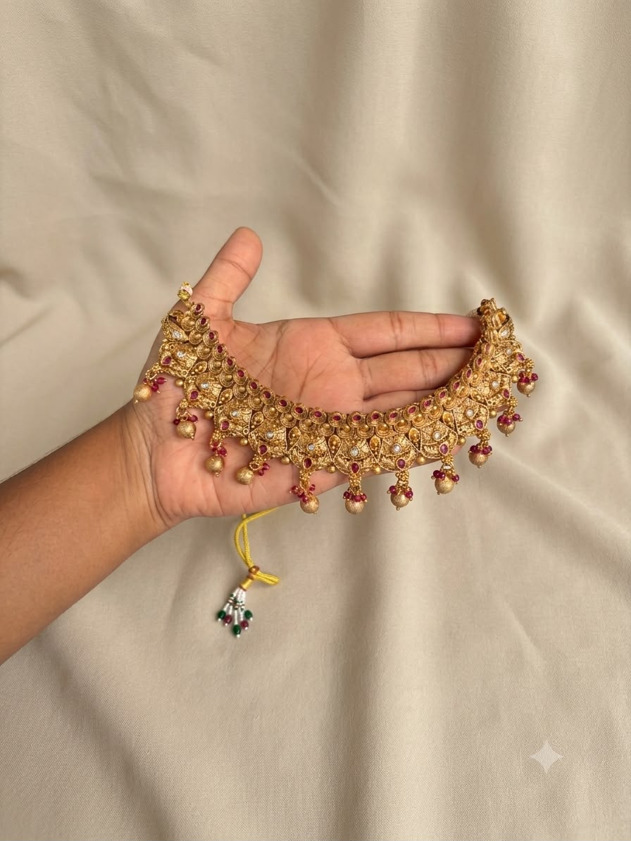 Traditional Antique Gold Bridal Choker Necklace Set with Ruby Stone