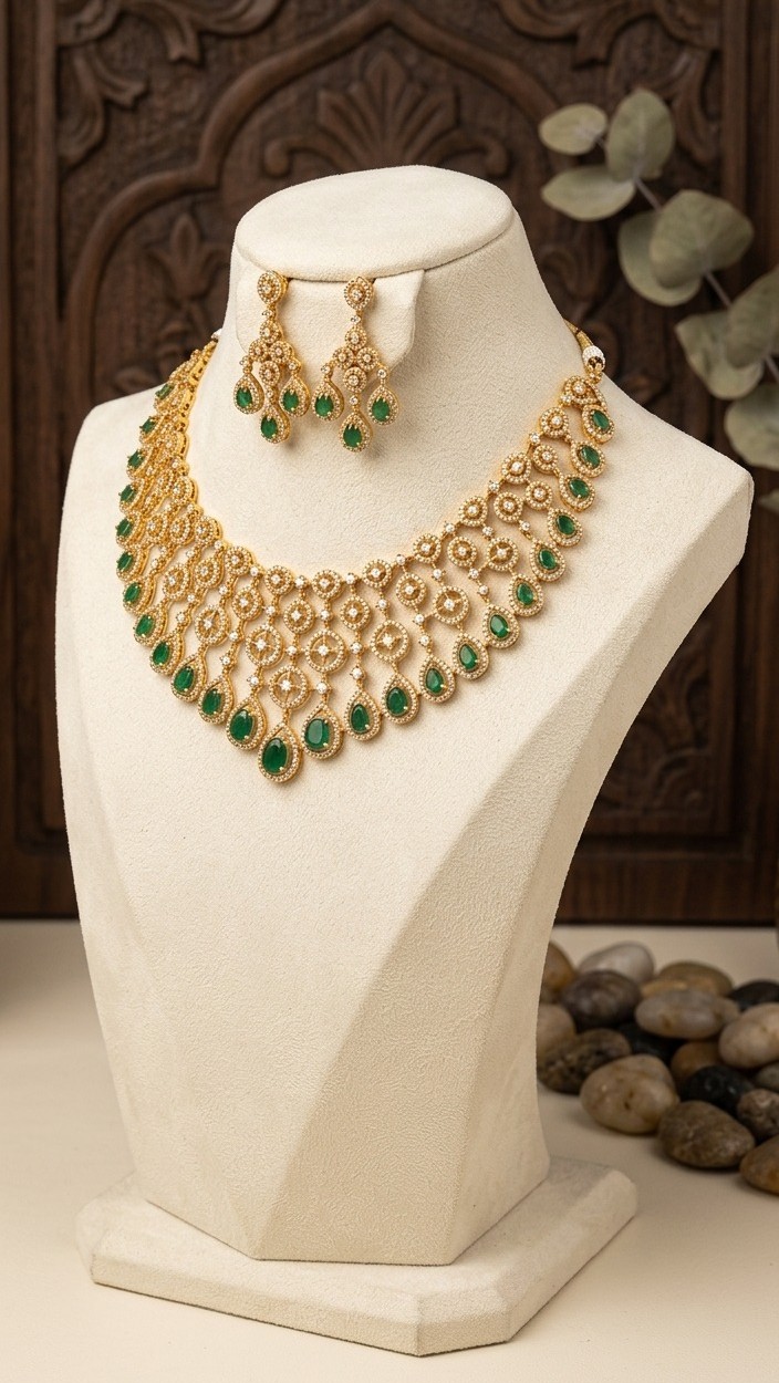 Emerald Kundan Cascade Necklace Set