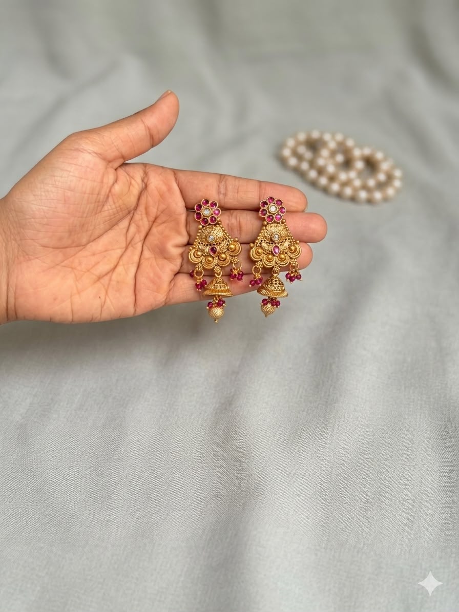 Traditional Antique Gold Bridal Choker Necklace Set with Ruby Stone - thumbnail 2