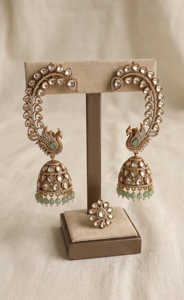 Royal Peacock Kundan Ear Cuffs with Jhumka & Ring Set