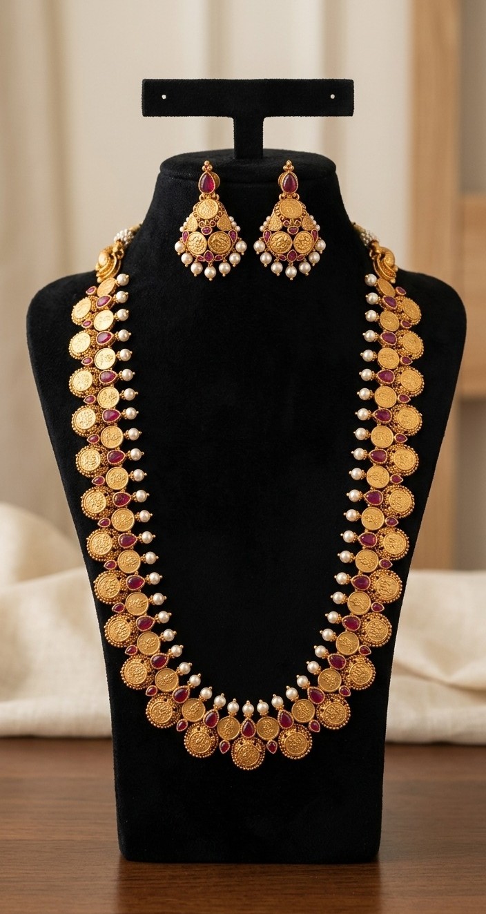 Traditional Ruby & Pearl Antique Kasulaperu Coin Long Necklace Set