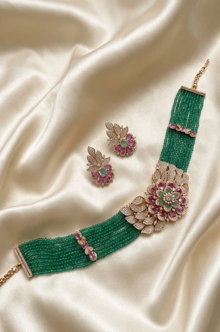 Floral Blossom Emerald & Ruby Bead Choker Se