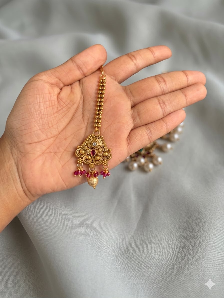 Traditional Antique Gold Bridal Choker Necklace Set with Ruby Stone - thumbnail 3