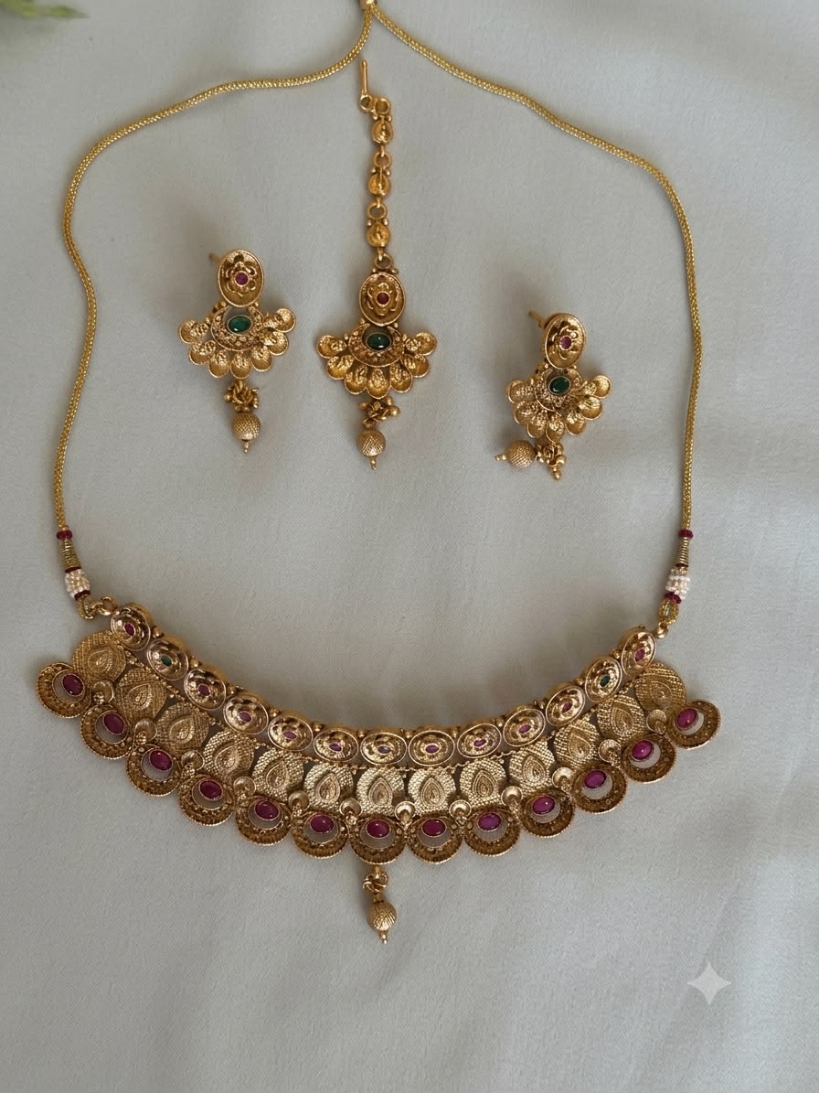 Traditional Antique Gold Floral Choker Necklace Set with Ruby Stone Detailing