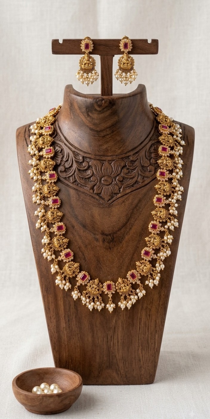 Divine Goddess Lakshmi Antique Gold, Ruby & Pearl Long Haaram Set