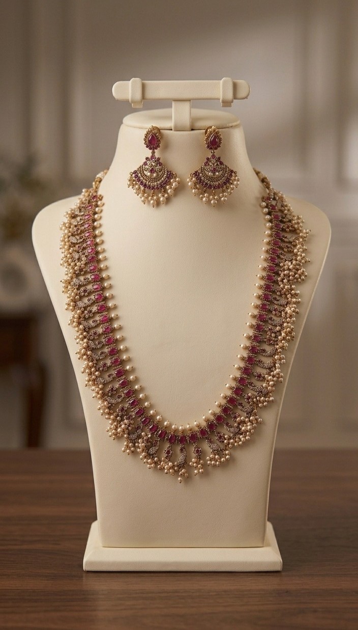 Royal Ruby, CZ & Pearl Cluster Long Haaram Set