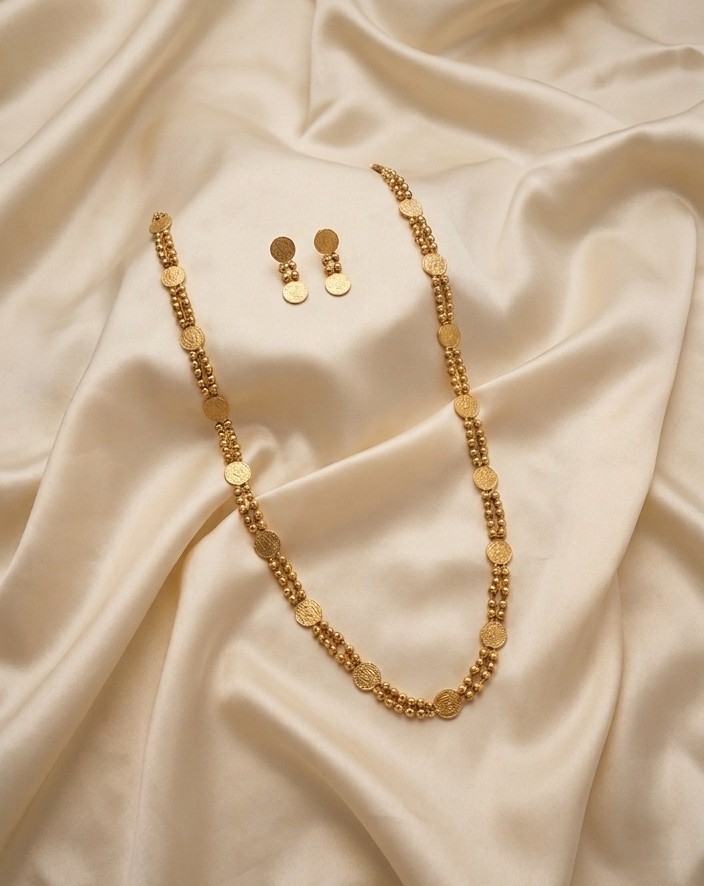 Traditional Gold-Plated Beaded Coin Long Necklace Set