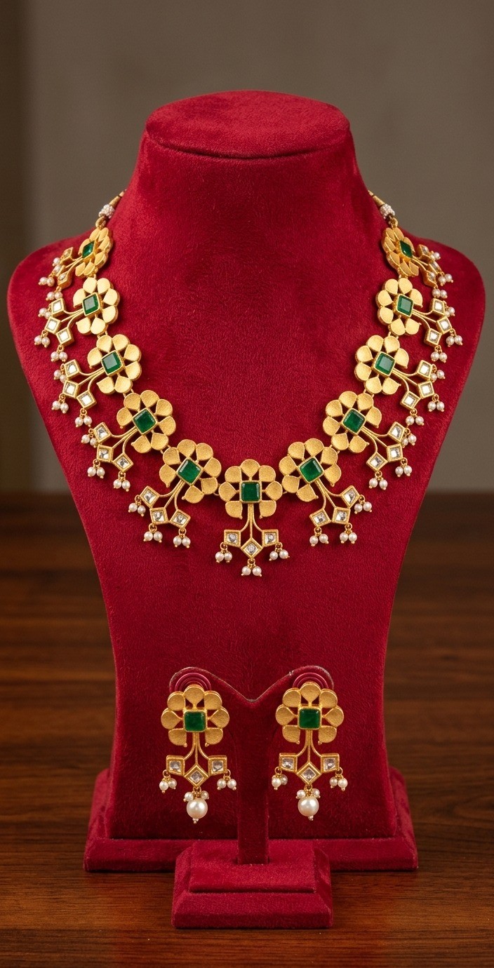Matte Gold Floral Emerald & Uncut Polki Necklace Set