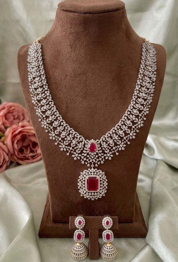 Luxury CZ Cubic Zirconia & Ruby Gemstone Long Haaram Set