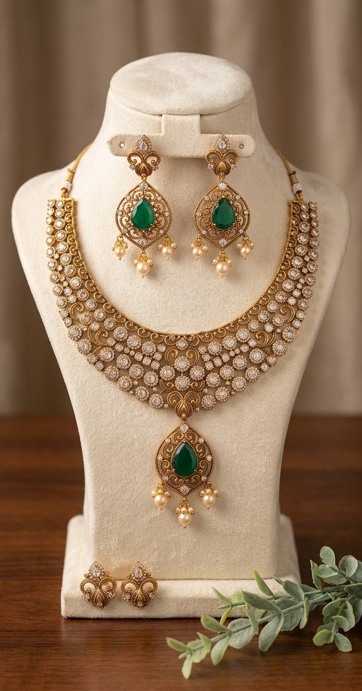 Royal Emerald & Cubic Zirconia Antique Choker Set