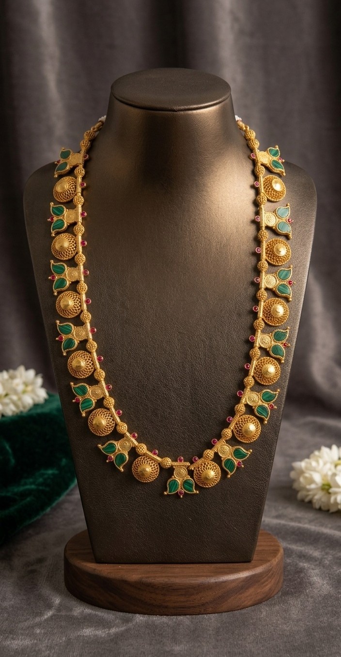 Traditional Antique Gold Green Enamel & Ruby Motif Long Haaram