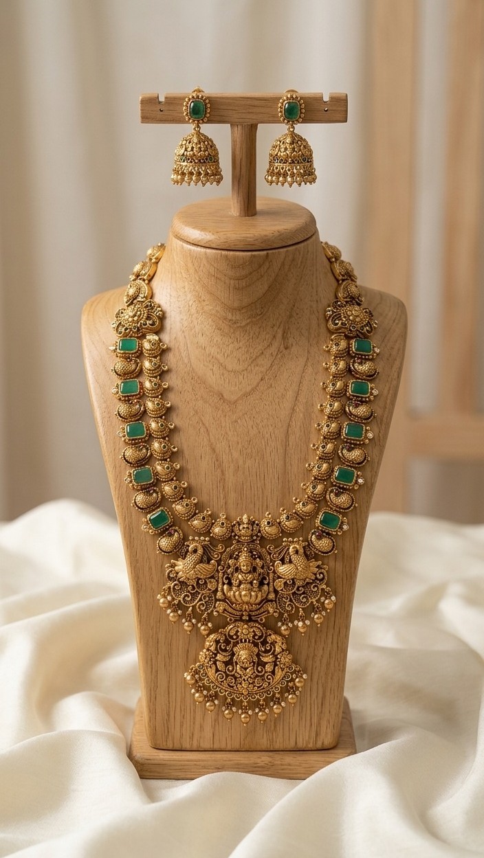 Divine Lakshmi Temple Antique Gold Emerald Long Haaram & Jhumka Set